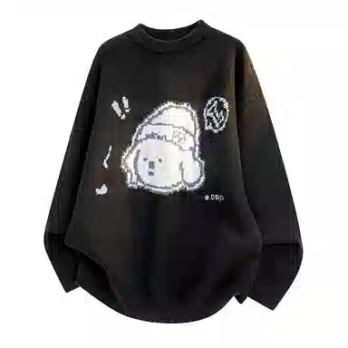 欧迪芬 慵懒风软糯亲肤手感舒适简约时尚休闲百搭复古可爱小狗卡通图案毛衫无性别情侣款美式日系韩系通勤毛衣 男女同款