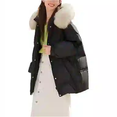 坦博尔 纯色连帽毛领羽绒服 女款