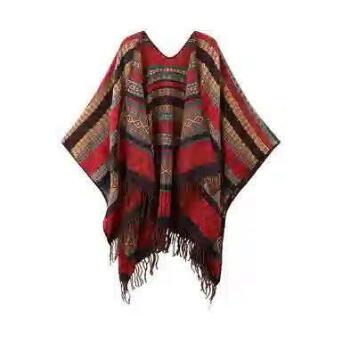 浪莎 外搭民族风流苏薄款条纹撞色百搭 聚酯纤维 披肩 女款