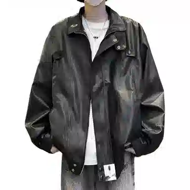 【秋季穿搭美式痞帅PU皮机车拉链外套】布客行 酷飒不羁狂野硬朗摇滚叛逆纯色宽松休闲百搭工装风翻领设计防水夹克 男女同款
