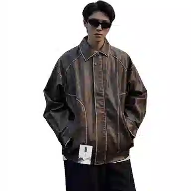 【美式复古工装机车皮衣】布客行 重磅面料拼接格纹细节打造高街感通勤小众设计水洗质感翻领宽松廓形痞帅休闲日常外套夹克 男女同款