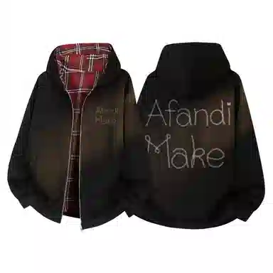 阿凡迪 潮流重磅双面艺术字母印花穿美式格子拼接潮牌嘻哈高街高级感设计时尚百搭宽松休闲舒适长袖廓形外套情侣连帽开衫卫衣 男女同款