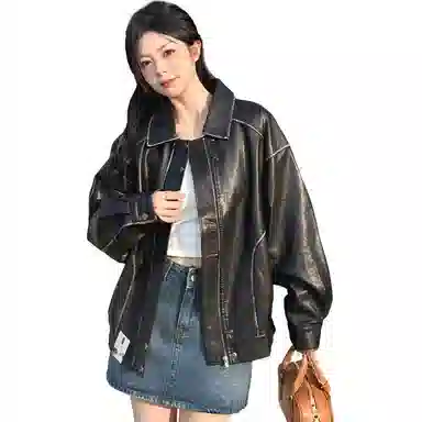 【美式复古做旧拉链翻领机车皮衣】布客行 不羁亲肤柔软顺滑细腻挺括有筋骨感小众设计质感宽松廓形痞帅休闲百搭高级感日常夹克 男女同款