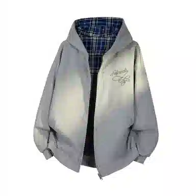 阿凡迪 美式高街复古格子重磅双面穿拼接潮牌嘻哈高级感设计时尚百搭宽松休闲舒适长袖廓形外套情侣连帽开衫卫衣 男女同款