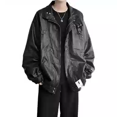 【痞帅休闲PU皮工装拉链外套】布客行 潮酷前卫时髦摩登赛博朋克叛逆霸气纯色宽松百搭个性学院风美拉德翻领设计防风防水夹克 男女同款