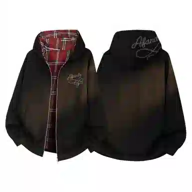 阿凡迪 美式高街复古格子重磅双面穿拼接潮牌嘻哈高级感设计时尚百搭宽松休闲舒适长袖廓形外套情侣连帽开衫卫衣 男女同款