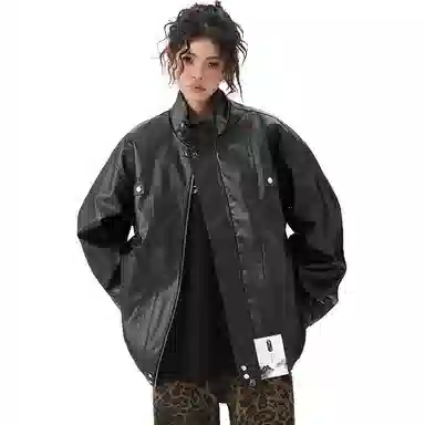 【个性痞帅PU皮工装拉链机车服】布客行 潮酷前卫时髦摩登赛博朋克纯色宽松休闲百搭学院风美拉德翻领设计防风防水潮流  夹克 男女同款