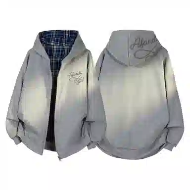 阿凡迪 美式高街复古格子重磅双面穿拼接潮牌嘻哈高级感设计时尚百搭宽松休闲舒适长袖廓形外套情侣连帽开衫卫衣 男女同款