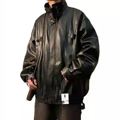 【秋季个性休闲PU皮拉链机车服】布客行 痞帅狂野硬朗摇滚叛逆霸气不羁纯色宽松百搭工装学院翻领设计防风防水夹克 男女同款