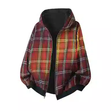 阿凡迪 潮流重磅双面艺术字母印花穿美式格子拼接潮牌嘻哈高街高级感设计时尚百搭宽松休闲舒适长袖廓形外套情侣连帽开衫卫衣 男女同款