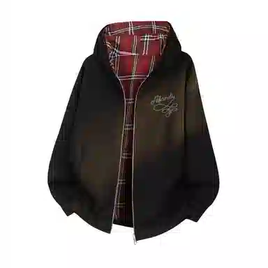阿凡迪 美式高街复古格子重磅双面穿拼接潮牌嘻哈高级感设计时尚百搭宽松休闲舒适长袖廓形外套情侣连帽开衫卫衣 男女同款