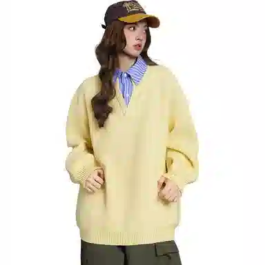 欧迪芬 港式情侣款奶黄色复古假两件衬衫立领上衣秋季毛衣女生美式宽松高街百搭休闲外套卫衣女士慵懒简约纯色显瘦潮流潮牌学生毛衣 女款