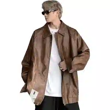 【高街废土风机车软皮衣】布客行 痞帅酷飒不羁狂野硬朗摇滚叛逆小众设计水洗做旧质感翻领宽松廓形百搭高级感日常夹克 男女同款