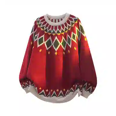 欧迪芬 慵懒风美式复古几何图形舒适保暖时尚通勤潮流百搭无性别情侣宽松学院风简约韩系闺蜜装费尔岛提花图案圆领长袖毛衫毛衣 男女同款