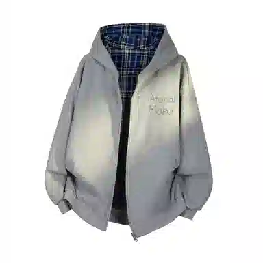 阿凡迪 潮流重磅双面艺术字母印花穿美式格子拼接潮牌嘻哈高街高级感设计时尚百搭宽松休闲舒适长袖廓形外套情侣连帽开衫卫衣 男女同款