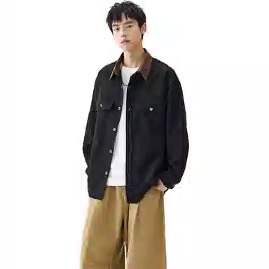洋气先生 美式复古潮牌衣领撞色中性风设计无性别主义防泼水轻防污易去污日常通勤徒步休闲宽松百搭单排扣翻领长袖开衫上衣衬衫 男女同款