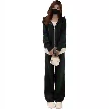 轻迎 时尚假两件连帽卫衣宽松阔腿裤两件套休闲套装 女款