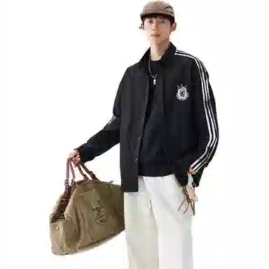 洋气先生 美式潮牌学院风胸图案刺绣三条杠条纹设计单排扣翻领长袖休闲宽松舒适耐磨有弹力日常通勤徒步简约百搭开衫上衣衬衫 男女同款