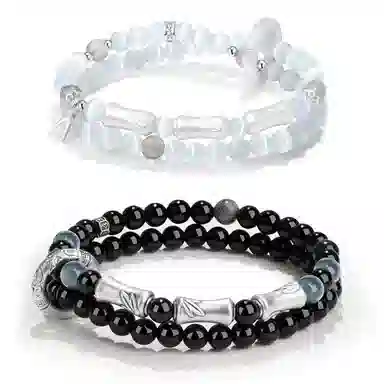 【999足银|命中竹定】 银千惠 新中式竹节圆环节节高升知竹常乐竹叶双层叠戴手饰一对国风串珠绕指柔#好运 黑曜石 手串 男女同款情侣款