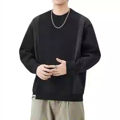 帝狼牛 简约设计款宽松圆领拼接上衣百搭日系个性时尚复古中性休闲长袖 卫衣 男女同款