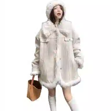 邓大喵 大码毛毛拼接翻领夹棉外套女冬季中长款宽松保暖可爱开衫上衣棉服 女款