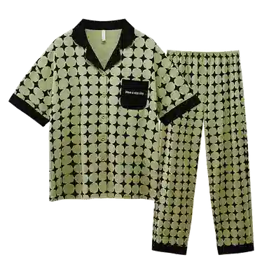 欧迪芬 高级简约短袖格纹常规翻领长裤睡衣套装 女款