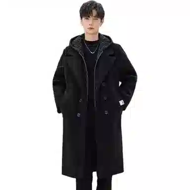 【dme】 潮流韩系假两件宽松连帽小香风中长款毛呢外套男秋冬保暖加厚休闲中性设计款呢子大衣 男女同款