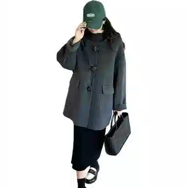 邓大喵 秋冬连帽牛角扣双面毛呢女小个子百搭减龄外套好看大衣 女款