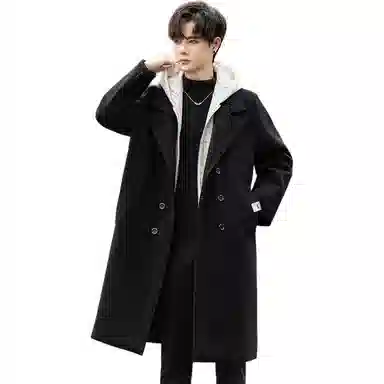 【dme】 潮流韩系假两件宽松连帽小香风中长款毛呢外套男秋冬保暖加厚休闲中性设计款呢子大衣 男女同款