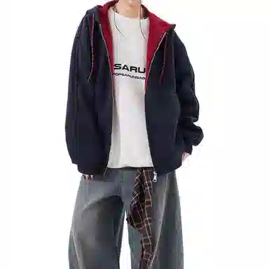 拓菲 美式重磅拼色连帽卫衣男秋季拉链情侣外套宽松学院风运动开衫夹克 男女同款