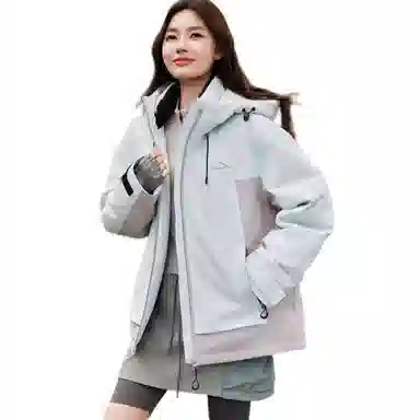鸭鸭 新山系系列 户外运动轻量化高透湿透气防风雨防水防油污保暖耐磨连帽拼接撞色外套羽绒服 女款