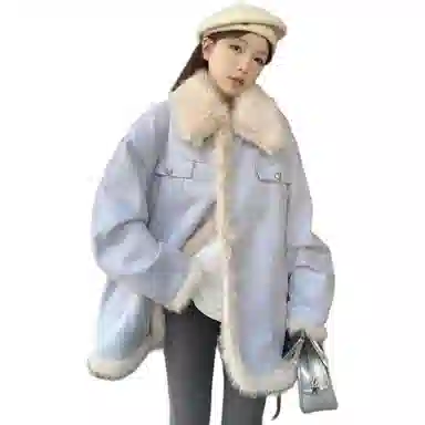 邓大喵 大码毛毛拼接翻领夹棉外套女冬季中长款宽松保暖可爱开衫上衣棉服 女款