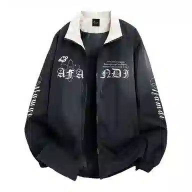 阿凡迪 美式高街复古潮牌品牌字母袖子印花设计极简通勤学院风拼接翻领休闲运动街头日常百搭舒适宽松夹克外套 男女同款