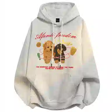 阿凡迪 美式复古街头简约基础仿刺绣宠物小狗花体字母印花宽松舒适休闲百搭时尚潮流通勤无性别主义抽绳长袖连帽卫衣 男女同款