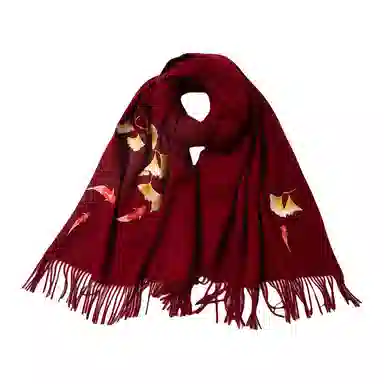 红豆 品牌刺绣大红酒红时尚百搭喜庆保暖玉兰锦鲤#好运 羊毛 绒线围巾 男女同款情侣款
