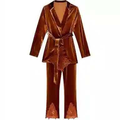 秀黛 秋冬款女丝绒蕾丝家居服两件套睡衣套装 女款