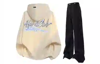 阿凡迪 美式复古街头个性创意设计幻影闪电涂鸦字母潮牌印花宽松舒适百搭时尚潮流通勤连帽长袖卫衣中腰直筒牛仔裤休闲运动套装 男女同款