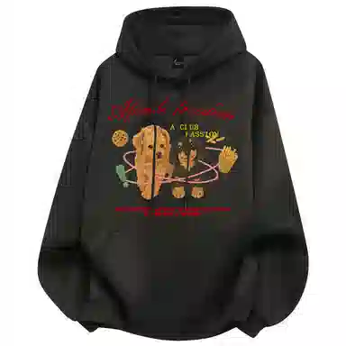 阿凡迪 美式复古街头简约基础仿刺绣宠物小狗花体字母印花宽松舒适休闲百搭时尚潮流通勤无性别主义抽绳长袖连帽卫衣 男女同款