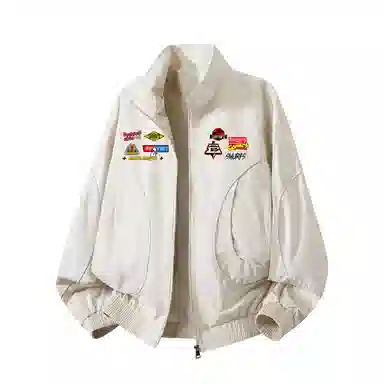 蓝精灵 美式复古街头飞行员字母印花大码立领口袋基础设计感时尚百搭舒适宽松显瘦慵懒户外城市通勤夹克外套 男女同款