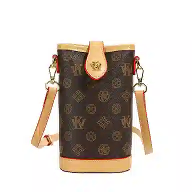 米囹 复古印花 水桶包 单肩手机包 棕色