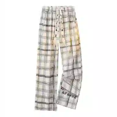 阿凡迪 美式复古潮流格子条纹中腰潮牌系带星星小标字母印花日常百搭高街宽松垂坠微弹汤透气阔腿裤垂感直筒休闲裤 男女同款