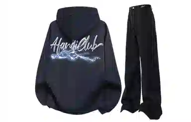 阿凡迪 美式复古街头个性创意设计幻影闪电涂鸦字母潮牌印花宽松舒适百搭时尚潮流通勤连帽长袖卫衣中腰直筒牛仔裤休闲运动套装 男女同款