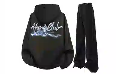 阿凡迪 美式复古街头个性创意设计幻影闪电涂鸦字母潮牌印花宽松舒适百搭时尚潮流通勤连帽长袖卫衣中腰直筒牛仔裤休闲运动套装 男女同款