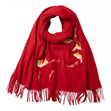 红豆 品牌刺绣大红酒红时尚百搭喜庆保暖玉兰锦鲤#好运 羊毛 绒线围巾 男女同款情侣款