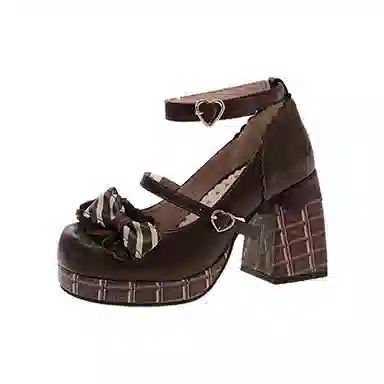 乐乐鱼 蝴蝶结巧克力甜美少女 粗跟 玛丽珍鞋 女