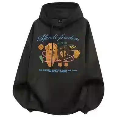 阿凡迪 美式复古街头简约基础仿刺绣宠物小狗花体字母印花宽松舒适休闲百搭时尚潮流通勤无性别主义抽绳长袖连帽卫衣 男女同款