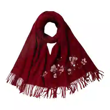 红豆 品牌刺绣大红酒红时尚百搭喜庆保暖玉兰锦鲤#好运 羊毛 绒线围巾 男女同款情侣款