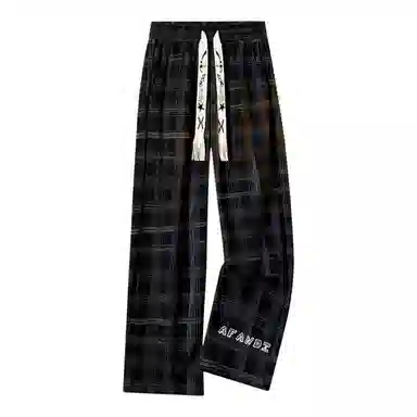 阿凡迪 美式复古潮流格子条纹中腰潮牌系带星星小标字母印花日常百搭高街宽松垂坠微弹汤透气阔腿裤垂感直筒休闲裤 男女同款