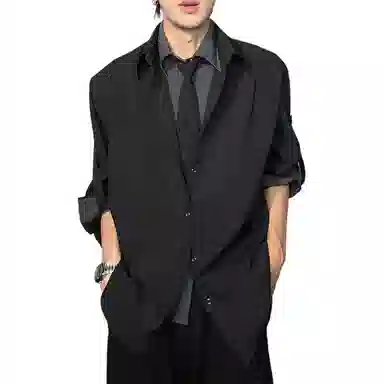 徐百货 美式假两件拼接设计感衬衣黑色高级感痞帅上衣宽松舒适潮流百搭西装 男女同款