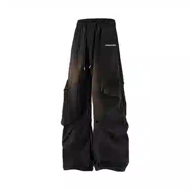 欧迪芬 显高显瘦 学院风高街基础款纯色字母印花褶皱设计宽松休闲垂感直筒山系机能风降落伞兵简约运动户外系带裤百搭工装裤 女款